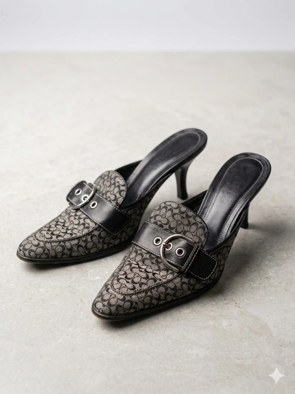 Vintage Coach Monogram Mules Pointed Toe Kitten Heel Buckle Clasp Black Gray Y2K